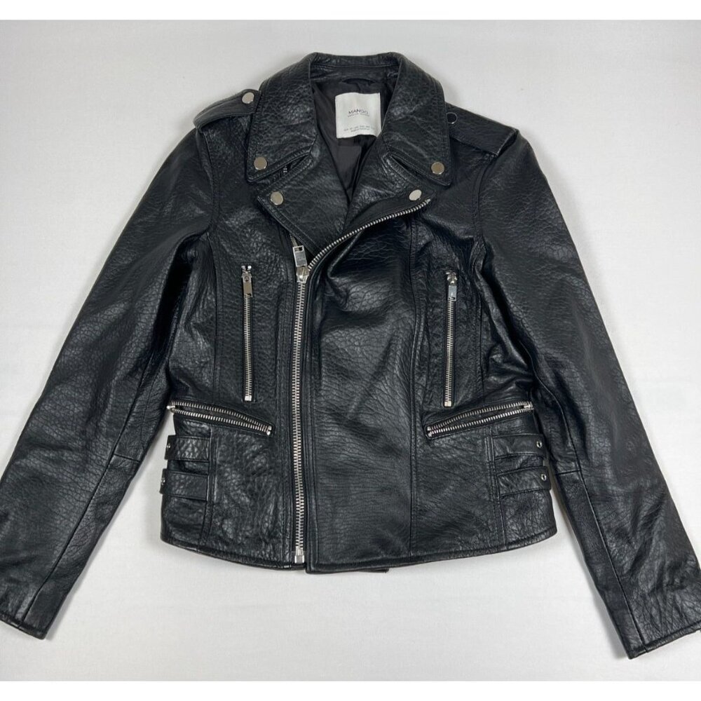 Mango Women XS Black Genuine Sheep Leather Full Zip Biker Moto Jacket
